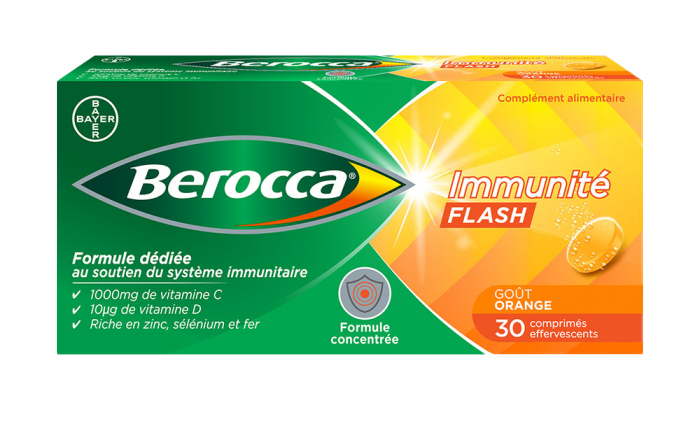 Immunité Flash 30 comprimés effervescents Berocca Bayer Berocca, est une association de vitamines, magnésium et d'éléments minéraux spécialement dédiée au soutien du système immunitaire. Berocca Immunité réunit en un seul comprimé les éléments essentiels