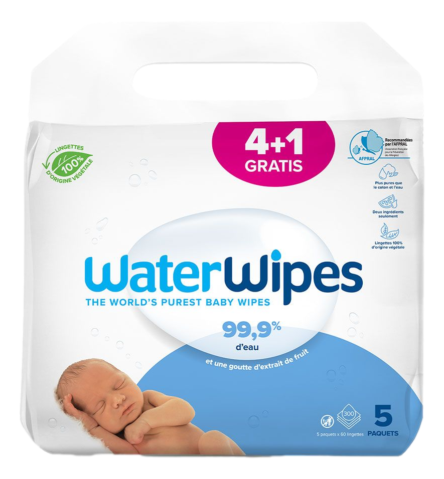  Waterwipes Lingettes bébé 4x60 + 1 Offert Waterwipes Les lingettes pour bébé les plus pures du monde maintenant d'origine végétale et compostables ! Formulées avec 99.9% d’eau purifiée, une goutte d’extrait de fruit, et c’est tout ! 