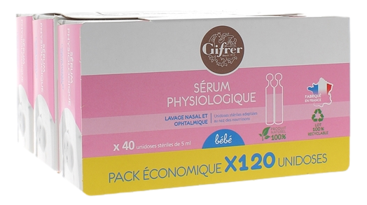 Sérum physiologique lavage nasal et ophtalmique Gifrer - offre économique lot de 3x40 unidoses de 5 ml  Le sérum physiologique lavage nasal et ophtalmique Gifrer est une solution d’eau purifiée et de chlorure de sodium, c’est-à-dire eau de mer et sel. Il 