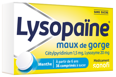 Lysopaïne maux de gorge cetylpyridinium lysozyme sans sucre, comprimé à sucer édulcoré au sorbitol et à la saccharine