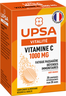 UPSA Vitamine C 1000 mg, comprimés effervescents Complément alimentaire à base de vitamine C, avec sucre et édulcorant.