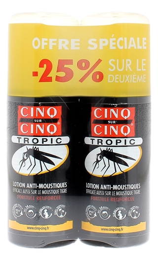 Lotion anti-moustiques Tropic Cinq sur Cinq - lot de 2 sprays de 75 ml Le Spray Cinq sur Cinq Tropic est une lotion anti-moustiques, renforcée, idéale pour vos séjours en zones à risques